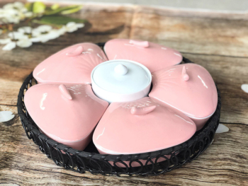 Khay mứt sứ men hồng 5 cánh