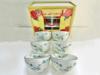 Bộ 6 bát ăn cơm Bát Tràng men kem vẽ hoa đào xanh