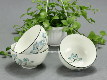 Bộ 6 bát ăn cơm Bát Tràng men kem vẽ hoa sen xanh