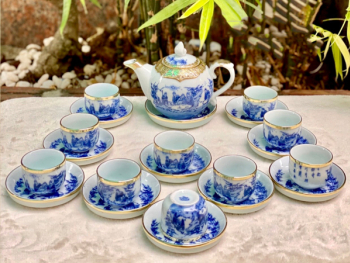 Bộ ấm chén Bát Tràng bọc đồng trúc lâm thất hiền 10 chén