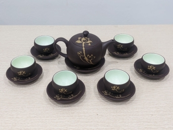 Bộ ấm chén hồng sa Bát Tràng hoa sen