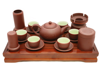 Bộ ấm chén tử sa Bát Tràng dáng tống nâu kẻ chỉ đầy đủ phụ kiện