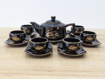 Bộ ấm trà Bát Tràng cao cấp men đen bóng Thuận Buồm Xuôi Gió