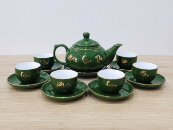 Ấm chén men xanh ngọc lục bảo vẽ Phúc Lộc Thọ dáng chóp