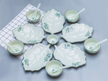Bộ bát đĩa Bát Tràng men kem sen xanh lơ 5 người ăn