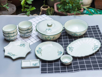 Bộ bát đĩa Bát Tràng men kem sen xanh lơ mẫu 04
