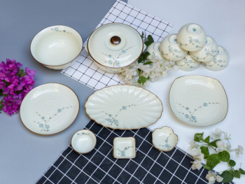 Bộ bát đĩa Bát Tràng men kem vẽ hoa Đào xanh mẫu 08