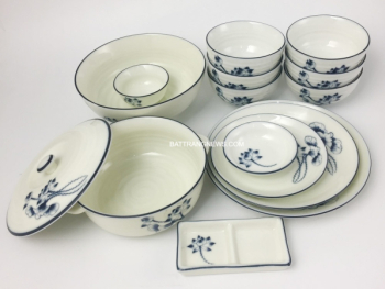 Bộ bát đĩa Bát Tràng men kem vẽ sen lam