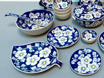 Bộ bát đĩa Bát Tràng vẽ hoa sao băng mai xanh 6 người ăn