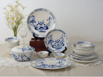 Bộ bát đĩa vẽ tay hoa sen xanh 16 sản phẩm